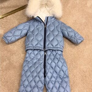 Moncler Light Blue Quilted Kids Jumpsuit with Fur Hood
